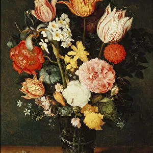 Tulips, Roses and other Flowers in a Glass Vase (oil on panel)