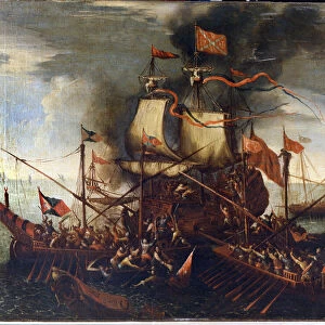 Turkish galleys approach a Venetian ship. 17th century painting