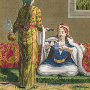Turkish Girl, having coffee on the sofa, 18th century (engraving)