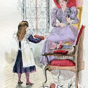 Twinks polish. A girl holds wool for her mother rolling a pelotte while the cat defeats another. 1908 (chromolithograph)