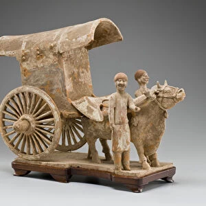 Two-wheeled ox cart with ox and two standing attendants (painted terracotta)