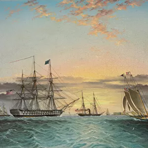 The U. S. S. Ohio Under Tow in the Lower Bay, New York with a View of Fort Hamilton
