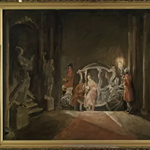 "Une invitee"(A guest) Une jeune femme, rappelant cendrillon, descend mysterieusement d une caleche en pleine nuit. Peinture de Max Friedrich Hofmann (1873-1937) 1926 Dim