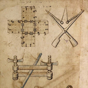 Various engineering objects, including a wheelbarrow - Manuscript