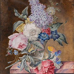Vase of Flowers including a Rose and Lilac on a Marble Ledge