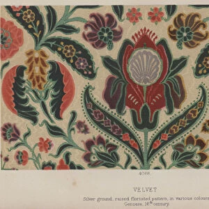 Velvet, Silver ground, raised floriated pattern, in various colours, Genoese, 16th century (colour litho)