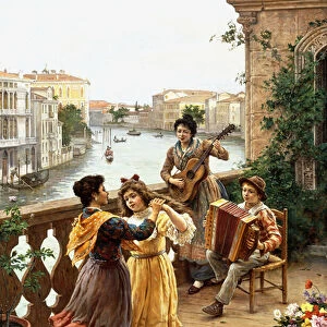 On a Venetian Balcony, (oil on canvas)