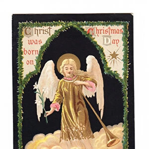 A Victorian Christmas card of an angel blowing a trumpet amongst the clouds, c
