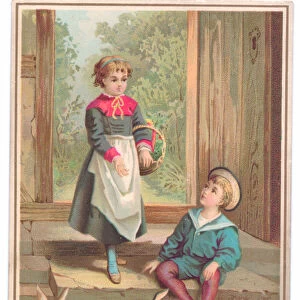 A Victorian Christmas card of a boy dressed as a sailor looking up at a girl with a