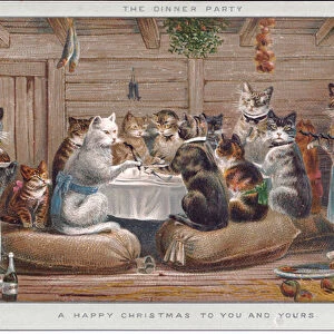 A Victorian Christmas card of cats sitting on sacks around a table at a dinner party, c
