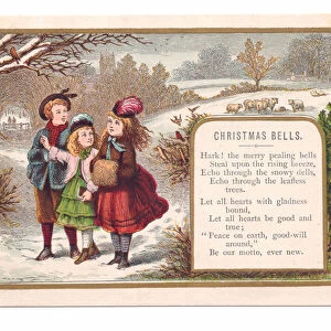 A Victorian Christmas card of three children in a snowy landscape, c. 1880 (colour litho)
