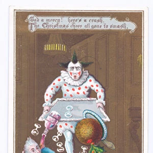 Victorian Christmas card of a clown dropping a tray on food
