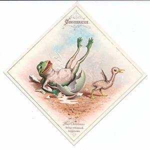 A Victorian Christmas card of a frog in a cracked egg while a newly hatched bird flees, c