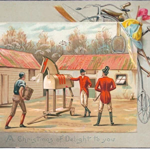 A Victorian Christmas card of two gentlemen dressed in hunting attire next to a wooden