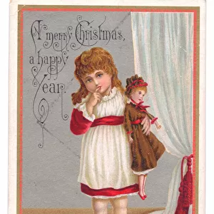 A Victorian Christmas card of a girl holding a doll, c. 1880 (colour litho)