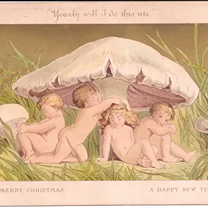 A Victorian Christmas and New Year card of a group of fairy childrn relaxing under a mushroom, all against a gold background, by Gertude Thompson, c. 1895 (colour litho)