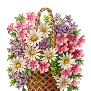 A Victorian Floral Paper Scrap Relief of daisy and violets in a wicker basket, c