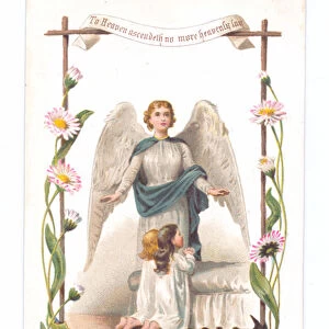 Victorian greeting card of an angel and two children praying, c. 1880 (colour litho)
