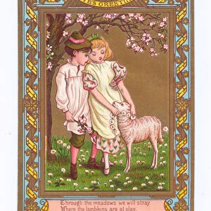 A Victorian greeting card of a boy with his arm round a girls waist who has her hands