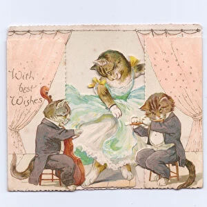A Victorian greeting card of a cat dancing while two others play musical instruments, c