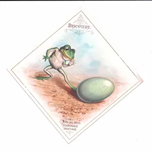 A Victorian greeting card of a frog looking at an egg, c. 1880 (colour litho)