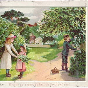 A Victorian New Year card of children picking blossom in a garden, c. 1880 (colour litho)