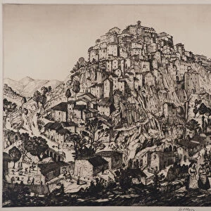 View of Anticoli Corrado with peasant women in the foreground (engraving & drypoint)