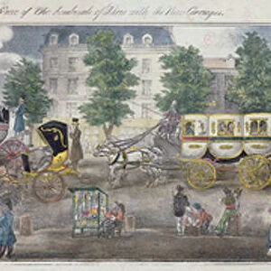 A View of the Boulevards of Paris with the new carriages, 1828 (colour engraving)