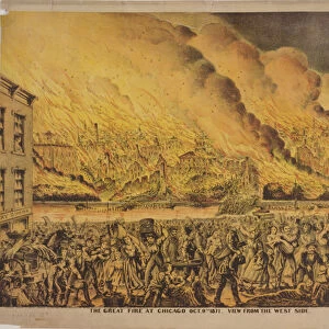 View of the Great Fire of Chicago, 9th October 1871, from the West Side (colour litho)