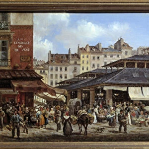 View of the Halles in Paris Painting on cardboard by Giuseppe Canella (1788-1847) 1828