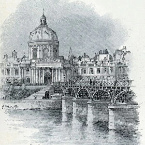View of the Institut de France and the bridge Pont des arts in Paris Drawing by Gustave Fraipont (1849-1923) takes from Saint-Juirs's "La seine a travers Paris", 1890 Private collection