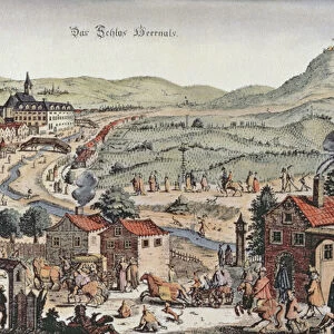 View of the north of Vienna with the Schlos Hernals and the Kahlenberg hills in the background (engraving)