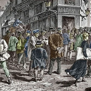 View of the Rue du Croissant in Paris, seat of many newspapers, 1890 (engraving)