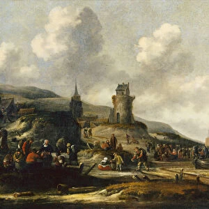 A View of Scheveningen with Fishermen selling their Catch, 1669 (oil on canvas)