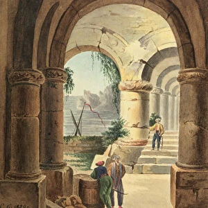 View of the Sea through a Cloister, 1829 (w / c on cardboard)
