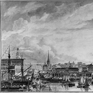 View of Stockholm, late 18th century (pen & wash on paper) (b / w photo)