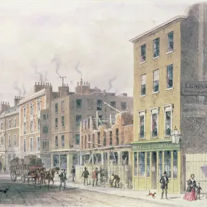 View in Threadneedle Street, pulling down for improvements, Merchant Taylors, Hall or Alderman Moon Print Shop at corner of Finch Lane