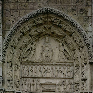 View of the tympanum depicting the Madonna and Child Enthroned
