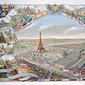View of the Universal Exhibition with the different pavilions and the Eiffel Tower