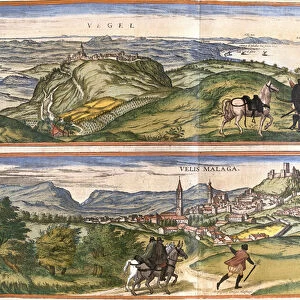View of Vejer de la Frontera (Vegel) and Velez Malaga (Velis Malaga), Spain (etching