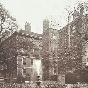 View of water fountain at Middle Temple Fountain Court, London, 1884 (b / w photo)