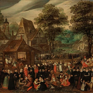 A village festival with elegantly dressed figures in procession