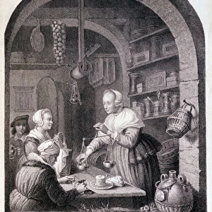 Village grocer weighing with a balance. sd. 18th century