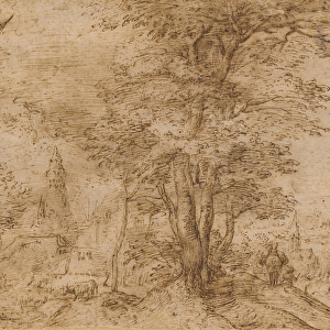 A village with a group of trees and a mule, c. 1552-54 (pen & ink on paper)