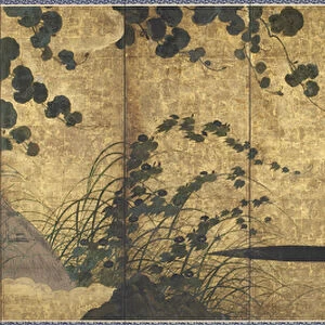 Vines, hut, grasses and shore birds, Momoyama period, 1568-1615 (gold