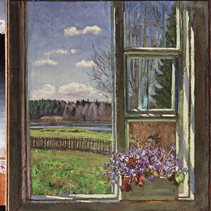 Violettes devant la fenetre. Peinture de Stanislav Yulianovich Zhukovsky (Joukovski) (1873-1944), huile sur toile 1931. Art russe, 20e siecle, art moderne. State Art Museum, Dnepropetrovsk (Ukraine)