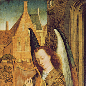 The Virgin and Child with Angels, right hand panel depicting an angel musician (oil