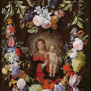The Virgin and Child with a Garland of Flowers (oil on panel)