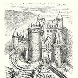 Vue cavaliere du chateau de Coucy, restaure d apres Viollet-le-Duc (engraving)