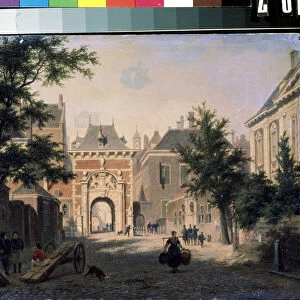 "Vue d une ville hollandaise"Scene de rue, une femme de maison revient du marche, les paniers charges. Peinture de Bartholomeus Johannes van Hove (1790-1880) 19eme siecle Mikhail Kroshitsky Art Museum